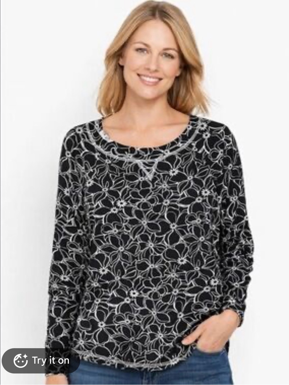T by Talbots (Size LP) Cozy Crush Black Long-Sleeve Floral-Print Top